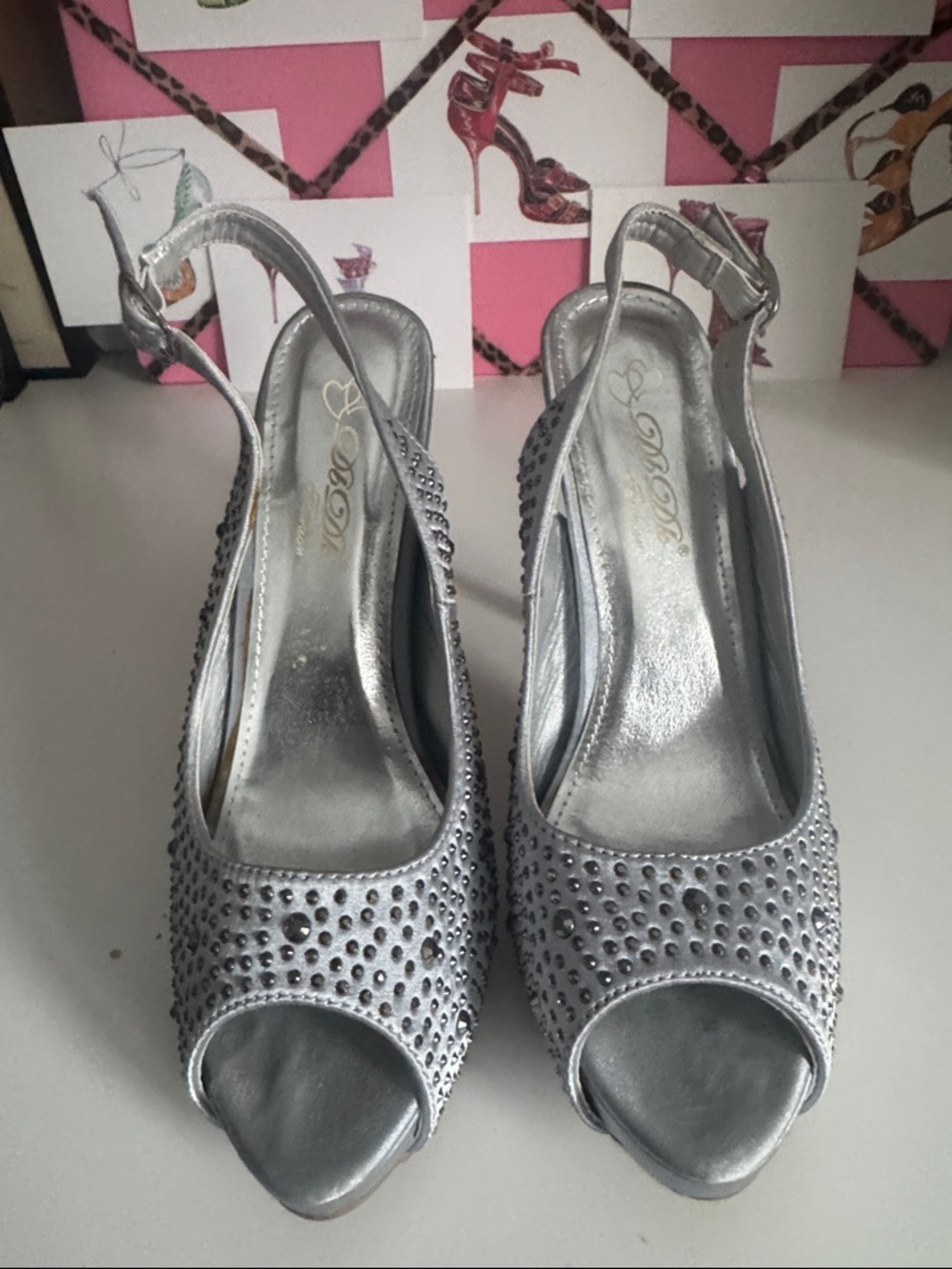 DbDk Fashion Silver Peep-Toe Slingback Heels with Rhinestones